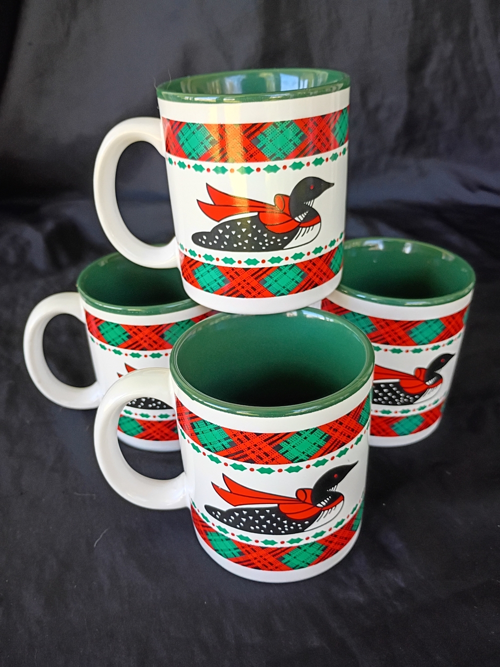 Set of Four Vintage Ceramic Loon Duck Christmas Mugs